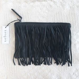 Black leather clutch with fringe